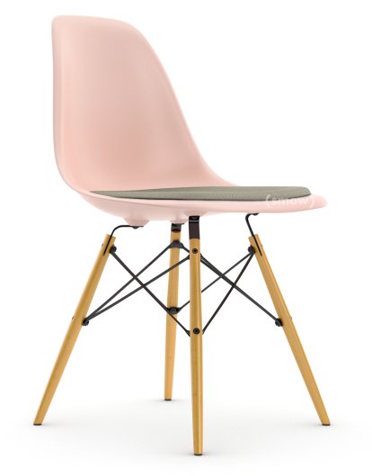 Eames Plastic Side Chair RE DSW, Zartrosé, Mit Sitzpolster, Warmgrey / elfenbein, Standardhöhe - 43 cm, Ahorn gelblich