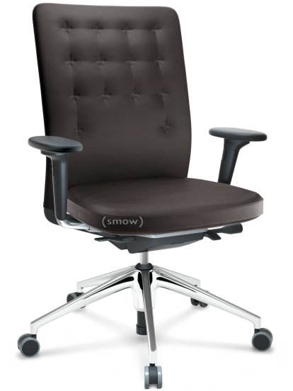 ID Trim, Mit Lumbalstütze, FlowMotion-ohne Vorwärtsneigung, ohne Sitztiefenverstellung, Mit 2D Armlehnen, 5-Stern Untergestell, Aluminium poliert, Sitz und Rücken Leder, Chocolate, Hart für Teppichboden