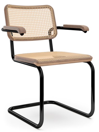 S 32 V / S 64 V Pure Materials Freischwinger, Nussbaum lackiert, Tiefschwarz (RAL 9005), mit Armlehnen, Kunststoffgleiter schwarz mit Filz