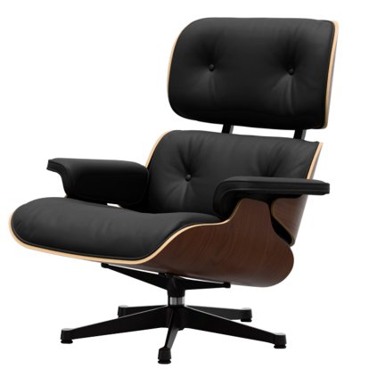 Eames Lounge Chair, Nussbaum dunkel, Leder Premium F nero, 89 cm, Aluminium poliert, Seiten schwarz
