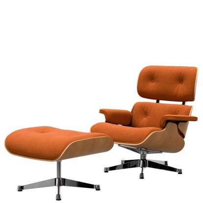 Eames Lounge Chair & Ottoman Calma, Kirsche natur, Calma, cognac, 84 cm - Originalhöhe 1956, Aluminium poliert