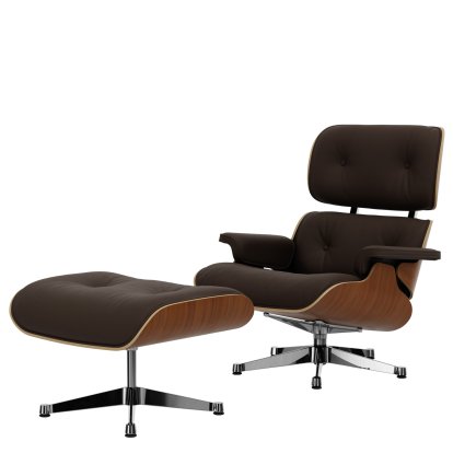 Eames Lounge Chair & Ottoman, Nussbaum natur, Leder Premium F kastanie, 89 cm, Aluminium poliert