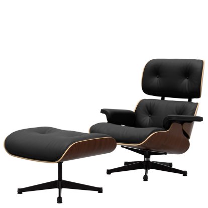 Eames Lounge Chair & Ottoman, Nussbaum dunkel, Leder Premium F nero, 89 cm, Aluminium poliert, Seiten schwarz