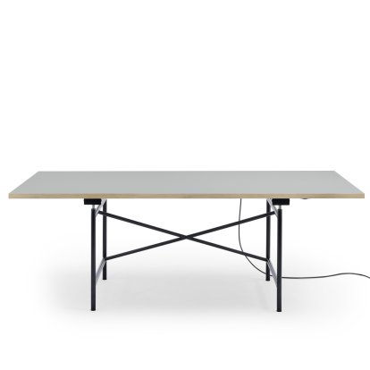 Eiermann 1 Tisch E (Elektrische Höhenverstellung), Linoleum aschgrau (Forbo 4132) mit Eichekante, 200 x 90 cm, Schwarz, Mit Kabelkanal