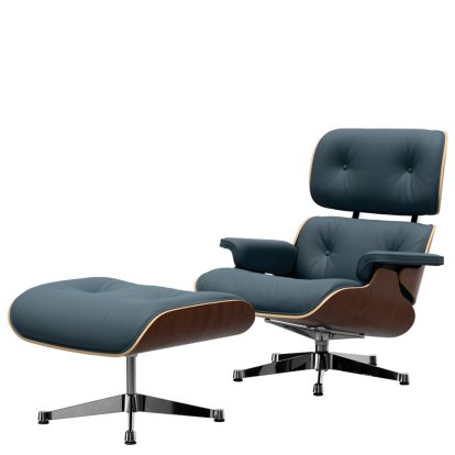 Eames Lounge Chair & Ottoman, Nussbaum dunkel, Leder Premium F rauchblau, 89 cm, Aluminium poliert