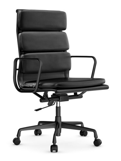 Soft Pad Chair EA 219, Aluminium tiefschwarz pulverbeschichtet, Leder Premium F nero, Plano nero, Weich für harte Böden