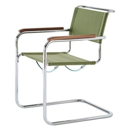Details Thonet S 33 / S 34 V Stoff Freischwinger S 33 / S 34 V Stoff Freischwinger, mit Armlehnen Nussbaum geölt, Verchromt, Stoff Nobel 68303 - grün, Ohne Gleiter
