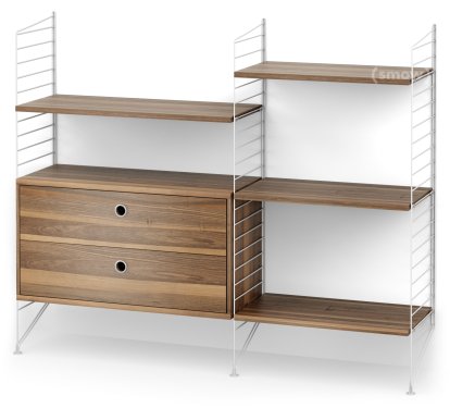 String System Bodenregal mit Schubladen, Weiß, Walnussfurnier