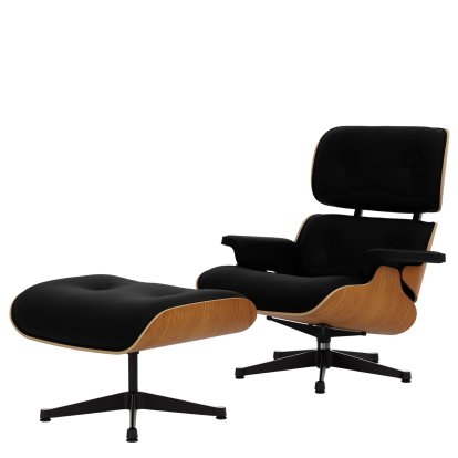 Lounge Chair & Ottoman, Kirschbaum, Leder Premium F nero, 89 cm, Aluminium poliert, Seiten schwarz