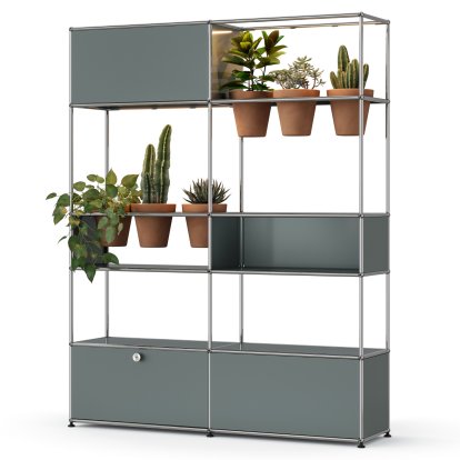 USM Haller E Pflanzenwelten Raumteiler, Mittelgrau RAL 7005, Terrakotta, LED-Beleuchtung warmweiß