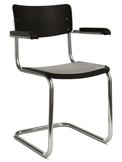 S 43 F Klassik Freischwinger, Gestell verchromt, Buche decklackiert, Tiefschwarz (RAL 9005), Sitzauflage hellgrau meliert, ungepolstert, Ohne Gleiter