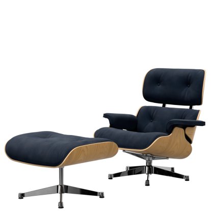 Eames Lounge Chair & Ottoman Calma, Kastanie natur, Calma, nachtblau, 84 cm - Originalhöhe 1956, Aluminium poliert