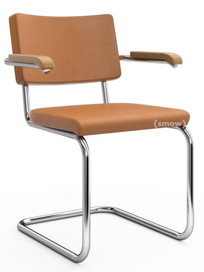 S 64 PV Pure Materials Freischwinger, Nappaleder cognac, Eiche, Verchromt, Kunststoffgleiter schwarz mit Filz