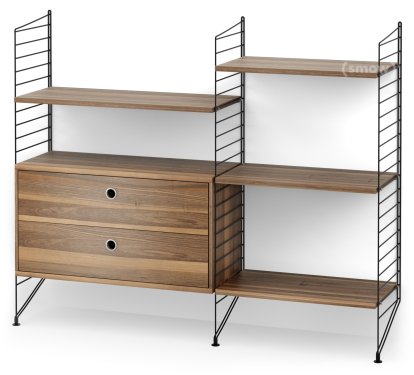 String System Bodenregal mit Schubladen, Schwarz, Walnussfurnier