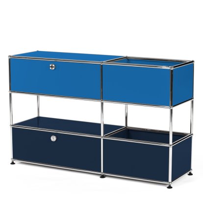 USM Haller Kinder Sideboard M mit Aufbewahrungsboxen, Zweifarbig, Enzianblau RAL 5010 - Stahlblau RAL 5011, Mit Klappe und Auszug (inkl. Einlegerahmen)