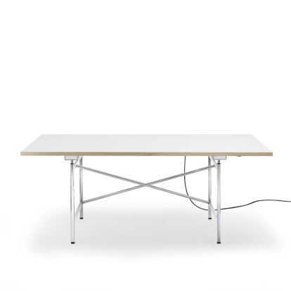 Eiermann 1 Tisch E (Elektrische Höhenverstellung), Melamin weiß mit Eichekante, 180 x 90 cm, Chrom, Mit Kabelkanal