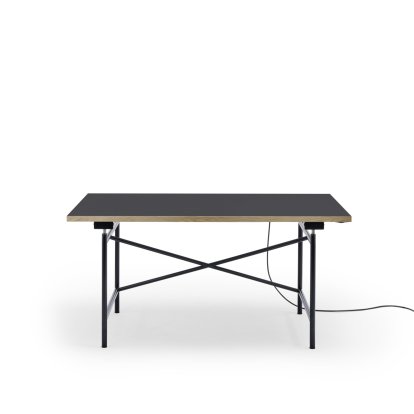 Eiermann 1 Tisch E (Elektrische Höhenverstellung), Linoleum holzkohle (Forbo 4166) mit Eichekante, 140 x 80 cm, Schwarz, Mit Kabelkanal