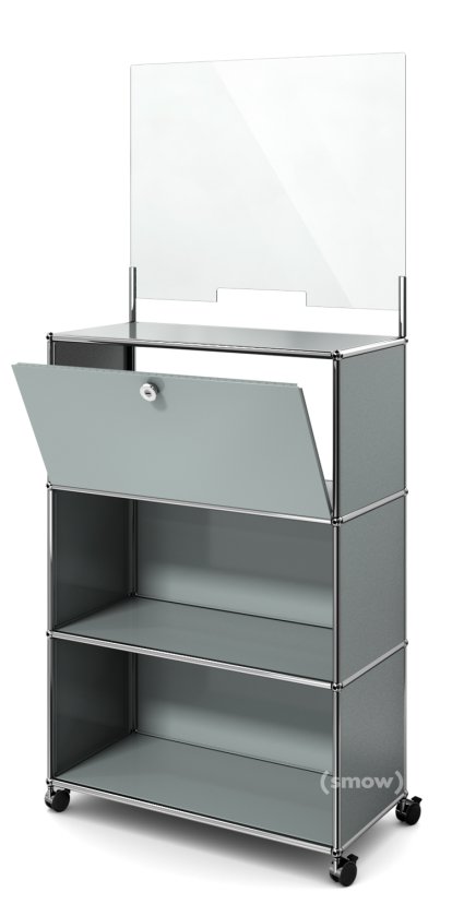 USM Haller Counter M mit Security Screen und Übergabefach, Mittelgrau RAL 7005, Mit Rollen