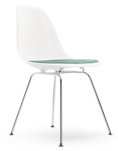Eames Plastic Side Chair DSX, Weiß RE, Mit Sitzpolster, Eisblau / elfenbein, Standardhöhe - 43 cm, Verchromt