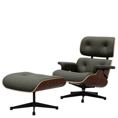 Eames Lounge Chair & Ottoman, Nussbaum dunkel, Leder Premium F umbragrau, 84 cm - Originalhöhe 1956, Aluminium poliert, Seiten schwarz