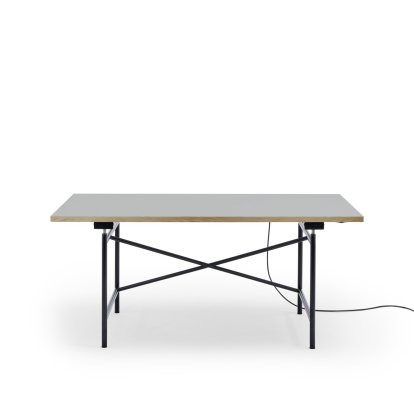 Eiermann 1 Tisch E (Elektrische Höhenverstellung), Linoleum aschgrau (Forbo 4132) mit Eichekante, 160 x 80 cm, Schwarz, Mit Kabelkanal