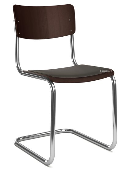 S 43 Klassik Freischwinger, Gestell verchromt, Buche gebeizt, Dunkelbraun (TP 89), Sitzauflage schwarz, gepolstert, Kunststoffgleiter schwarz mit Filz