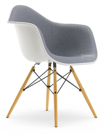 Eames Plastic Armchair DAW, Weiß non-RE, Mit Vollpolsterung, Dunkelblau / elfenbein, Standardhöhe - 43 cm, Ahorn gelblich