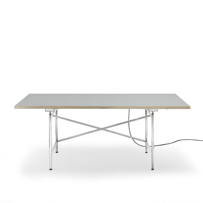 Eiermann 1 Tisch E (Elektrische Höhenverstellung), Linoleum aschgrau (Forbo 4132) mit Eichekante, 180 x 90 cm, Chrom, Ohne Kabelkanal