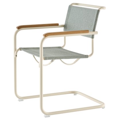 Details Thonet S 33 / S 34 V Stoff Freischwinger S 33 / S 34 V Stoff Freischwinger, mit Armlehnen Eiche geölt, Perlweiß matt pulverbeschichtet, Stoff Cento ray - hellblau, Kunststoffgleiter transparent mit Filz