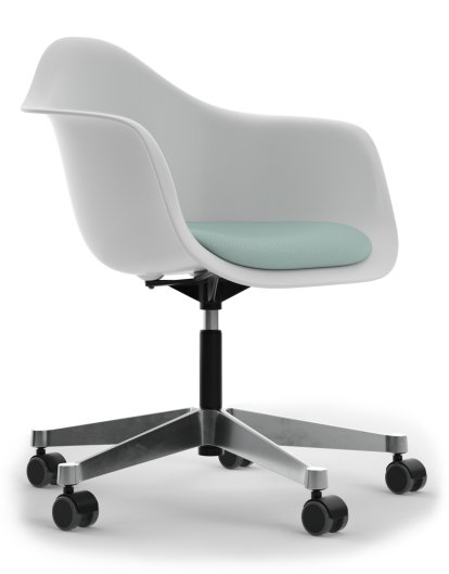 Eames Plastic Armchair RE PACC, Cotton white, Mit Sitzpolster, Eisblau / elfenbein