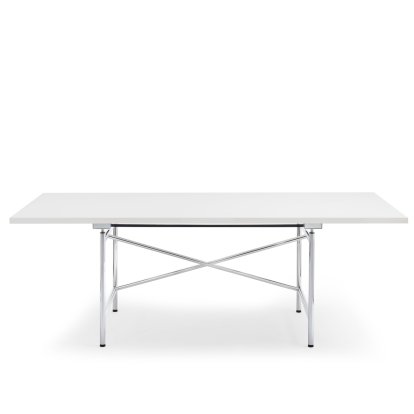 Eiermann 1 Tisch M (Mechanische Höhenverstellung), Melamin weiß mit weißer Kante, 200 x 90 cm, Chrom
