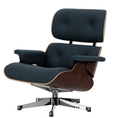 Lounge Chair, Nussbaum dunkel, Leder Premium F rauchblau, 84 cm - Originalhöhe 1956, Aluminium poliert