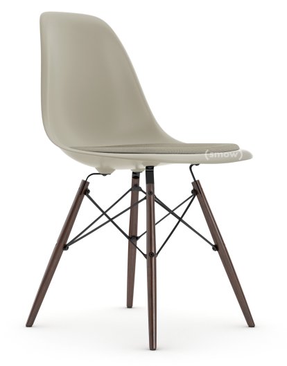 Eames Plastic Side Chair RE DSW, Kieselstein, Mit Sitzpolster, Warmgrey / elfenbein, Standardhöhe - 43 cm, Ahorn dunkel