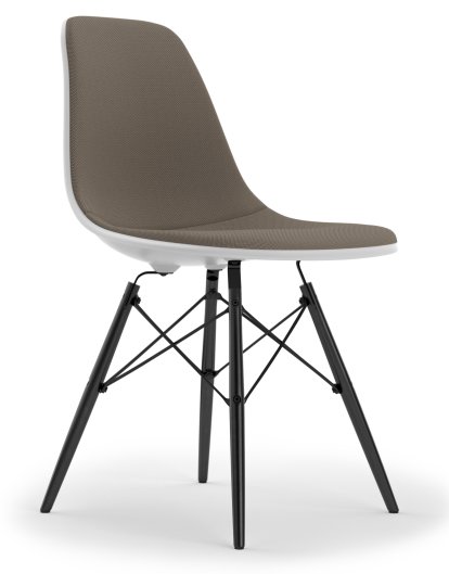 Eames Plastic Side Chair DSW, Cotton white, Mit Vollpolsterung, Warmgrey / moorbraun, Standardhöhe - 43 cm, Ahorn schwarz