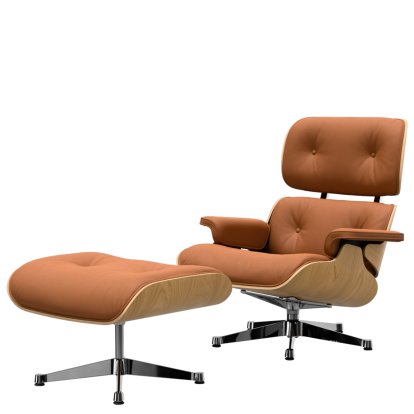 Eames Lounge Chair & Ottoman, Kastanie natur, Leder Premium F cognac, 89 cm, Aluminium poliert