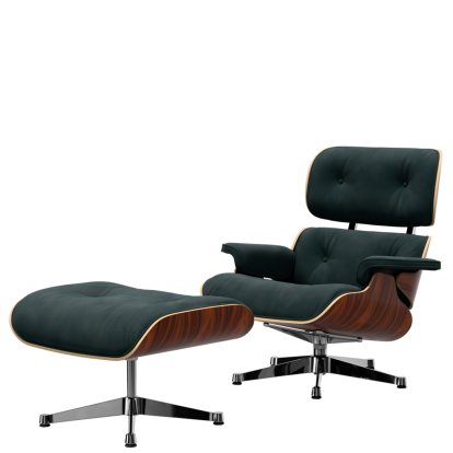 Eames Lounge Chair & Ottoman Calma, Santos Palisander, Calma, pine green, 84 cm - Originalhöhe 1956, Aluminium poliert