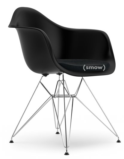 Eames Plastic Armchair RE DAR, Tiefschwarz, Mit Sitzpolster, Nero, Standardhöhe - 43 cm, Verchromt