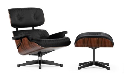 Lounge Chair & Ottoman, Santos Palisander, Leder Premium F nero, 89 cm, Aluminium poliert, Seiten schwarz