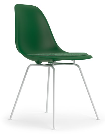 Eames Plastic Side Chair DSX, Smaragd, Mit Sitzpolster, Grün / elfenbein, Standardhöhe - 43 cm, Beschichtet weiß