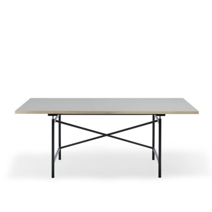 Eiermann 1 Tisch M (Mechanische Höhenverstellung), Linoleum aschgrau (Forbo 4132) mit Eichekante, 180 x 90 cm, Schwarz