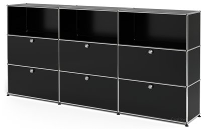 USM Haller Highboard XL, individualisierbar, Graphitschwarz RAL 9011, Offen, Mit 3 Klappen, Mit 3 Klappen
