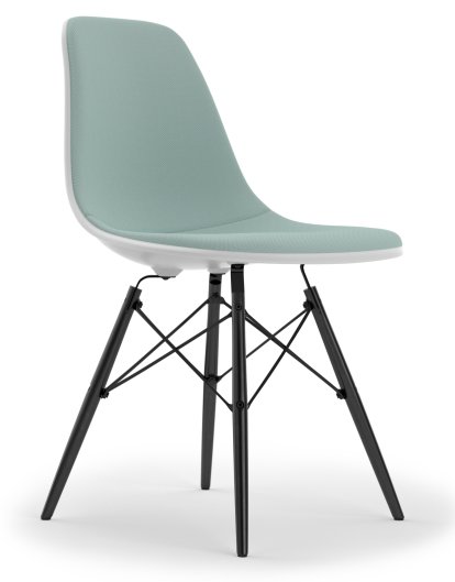 Eames Plastic Side Chair DSW, Cotton white, Mit Vollpolsterung, Eisblau / elfenbein, Standardhöhe - 43 cm, Ahorn schwarz