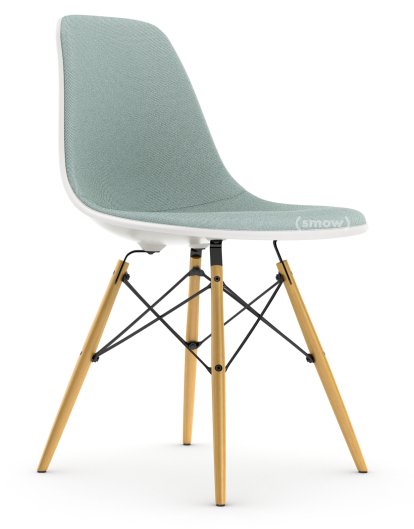 Eames Plastic Side Chair DSW, Weiß RE, Mit Vollpolsterung, Eisblau / elfenbein, Standardhöhe - 43 cm, Esche honigfarben