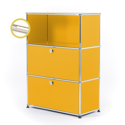 USM Haller E Highboard M mit 2 Klappen und Fachbeleuchtung, Goldgelb RAL 1004, Warmweiß