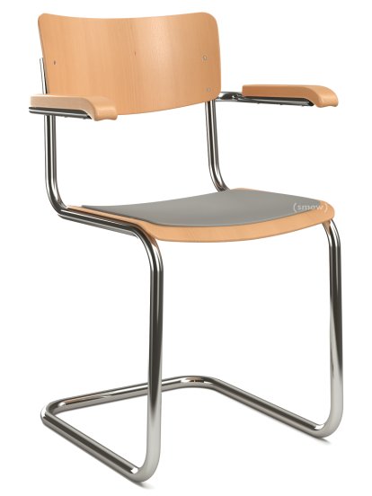 S 43 F Klassik Freischwinger, Gestell verchromt, Buche gebeizt, Buche natur, Sitzauflage hellgrau meliert, ungepolstert, Kunststoffgleiter schwarz mit Filz
