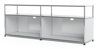 USM Haller Lowboard L mit Aufbau, individualisierbar, Lichtgrau RAL 7035, Offen, Mit Kabeldurchlass oben mittig