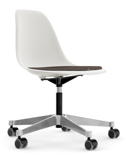 Eames Plastic Side Chair RE PSCC, Weiß non-RE, Mit Sitzpolster, Warmgrey / moorbraun