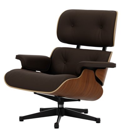 Lounge Chair, Nussbaum natur, Leder Premium F kastanie, 84 cm - Originalhöhe 1956, Aluminium poliert, Seiten schwarz